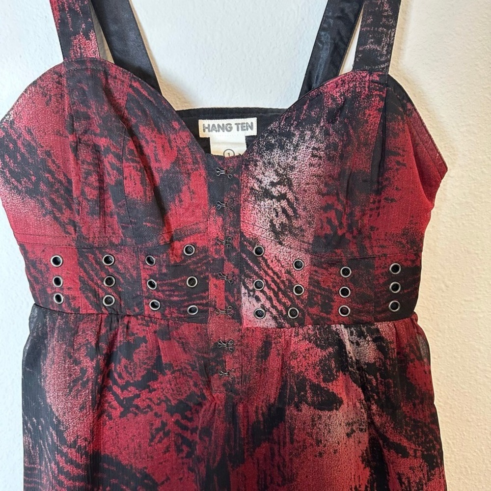 Vintage Y2K Red Black Abstract Print Whimsygoth Mini Dress Grunge Lace Sz 1 XS - Picture 2 of 10